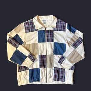 Alfred Dunner Vintage 90s Patchwork Denim and Plaid Embroidered Zip-Up Jacket